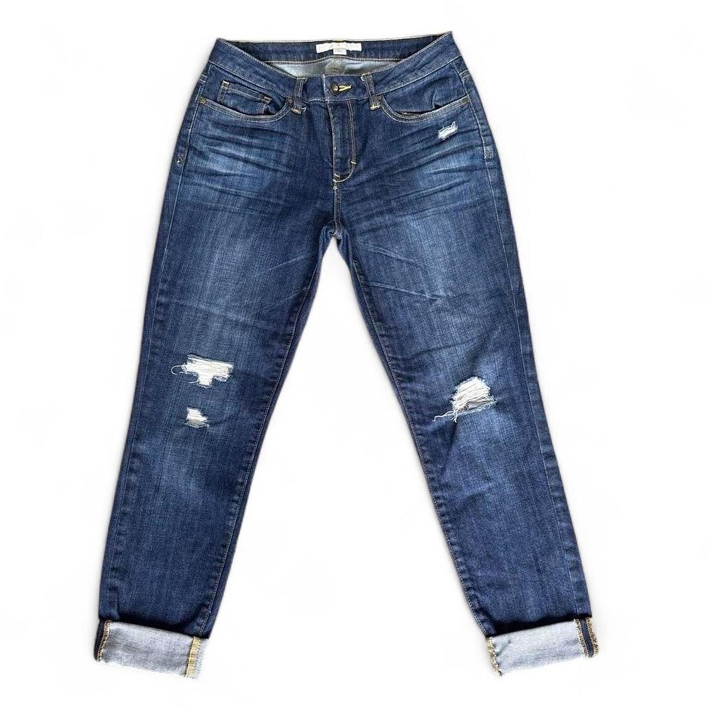 Boston Proper navy blue distressed cuffed skinny jeans with ripped details 6